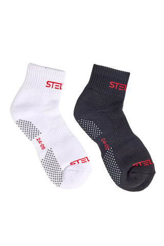 Black or white sports socks with red Stellar logo in Med or Large